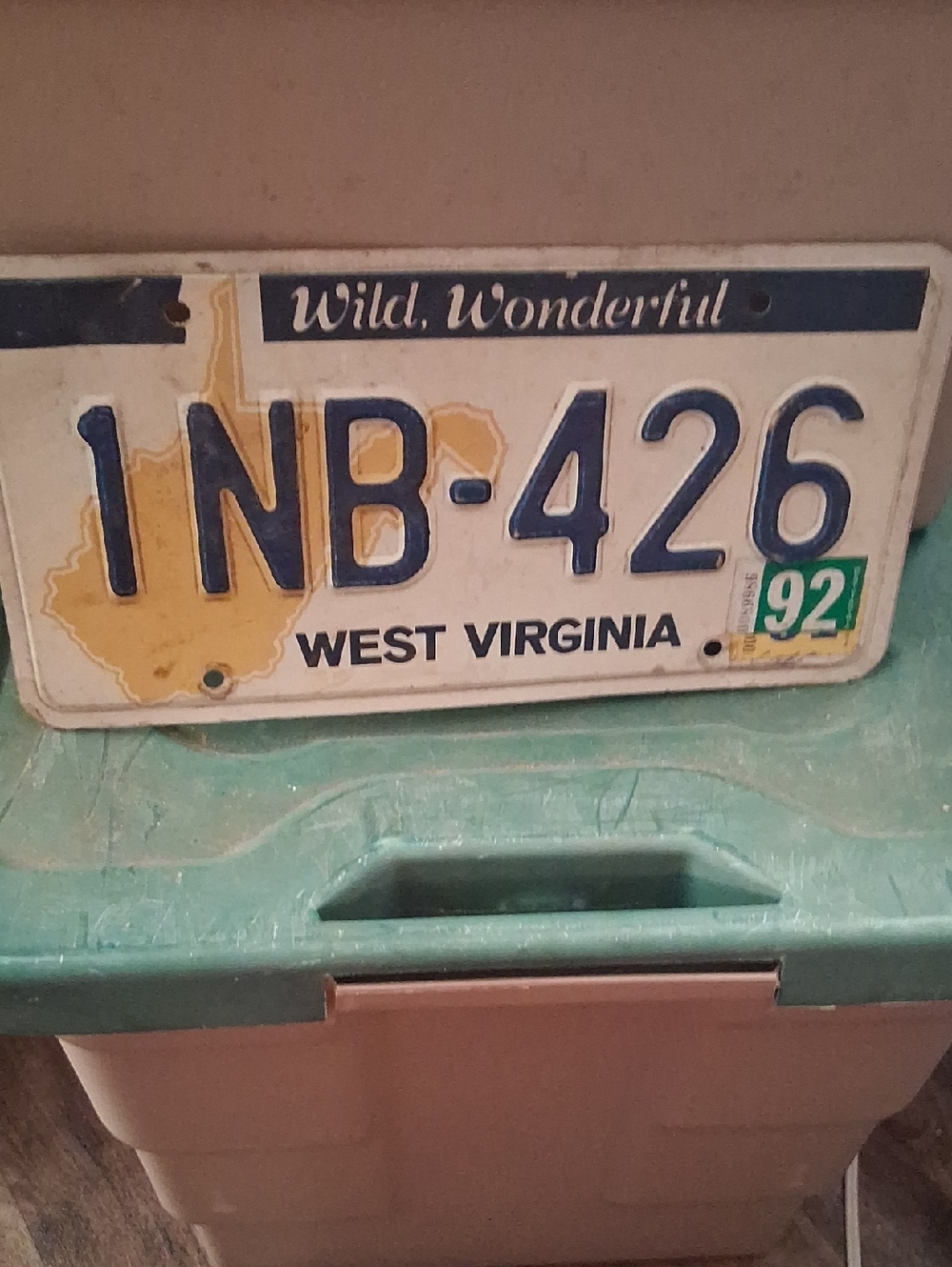 Vintage license plate wall decor - blue, yellow, white